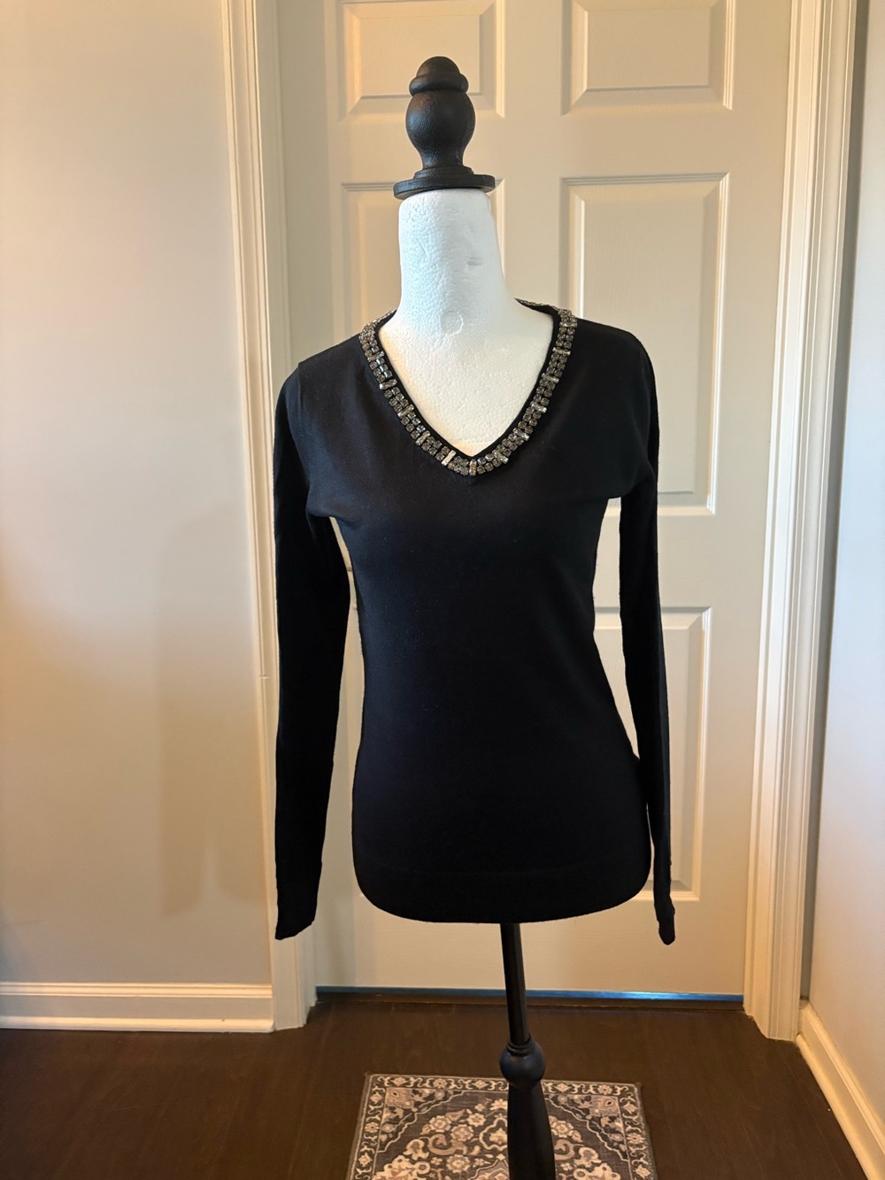 Premise Black V-Neck Sweater with Beaded Trim